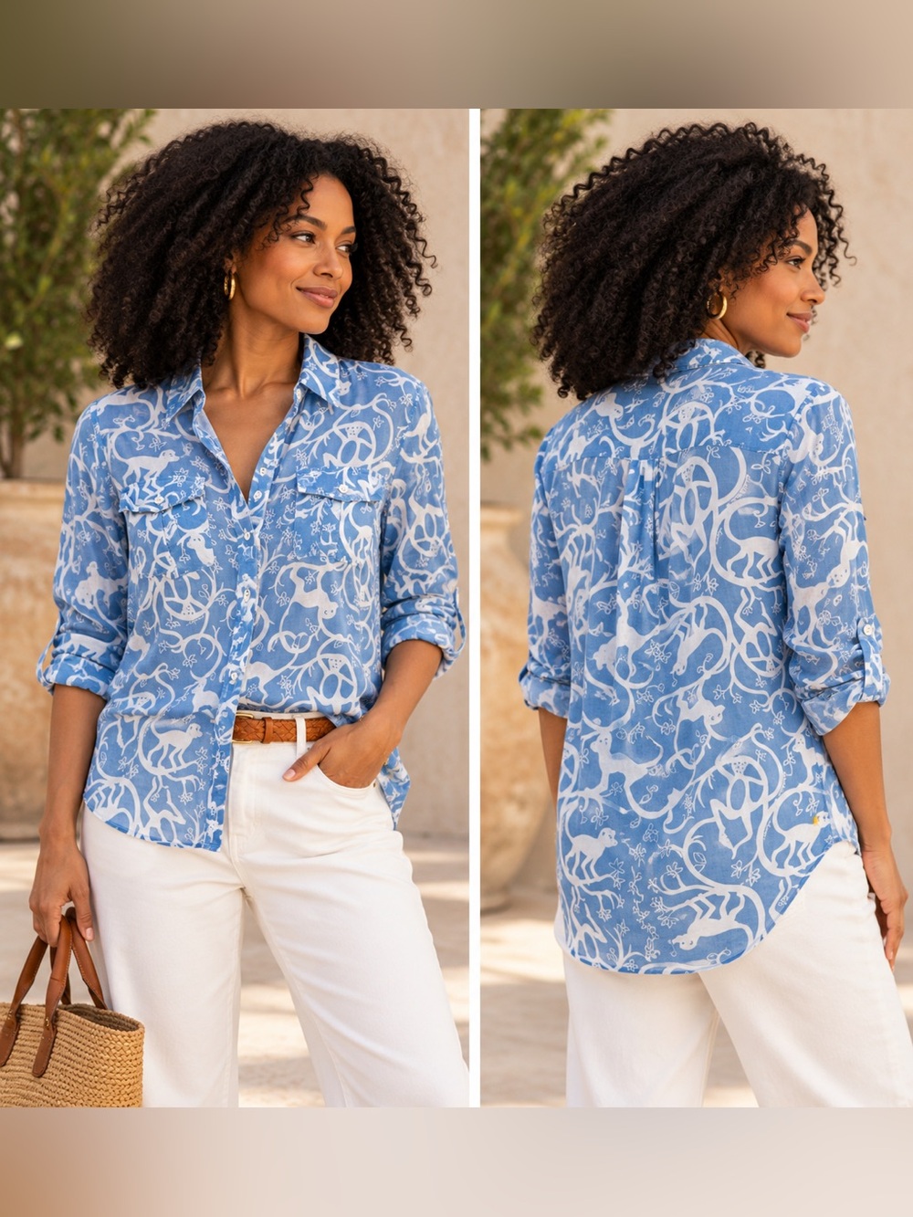 Lilly Pulitzer Shake It Up Monkey Print Blue Button Down Shirt M